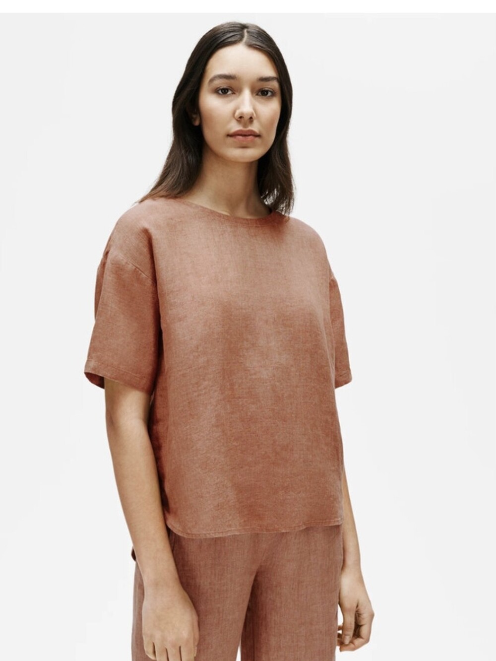 Eileen Fisher Organic Linen Delave Short Sleeve Boxy Top Terracotta Rust Large